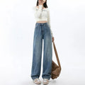 Women's retro blue high waist wide leg jeans with straight leg cut and stretch denim fabric