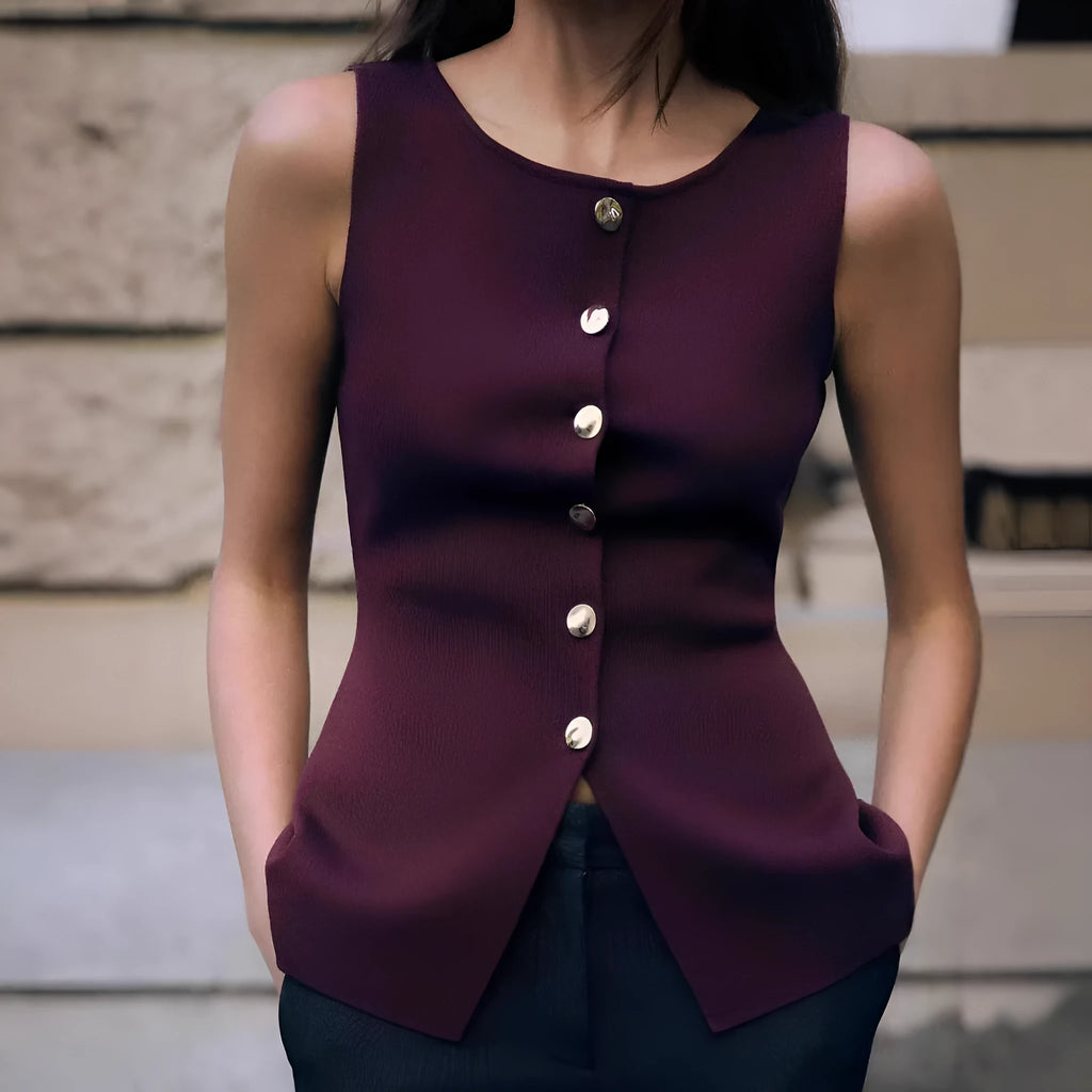 Dark red slim-fit cardigan vest with gold buttons and a 3D textured pattern, laid flat.