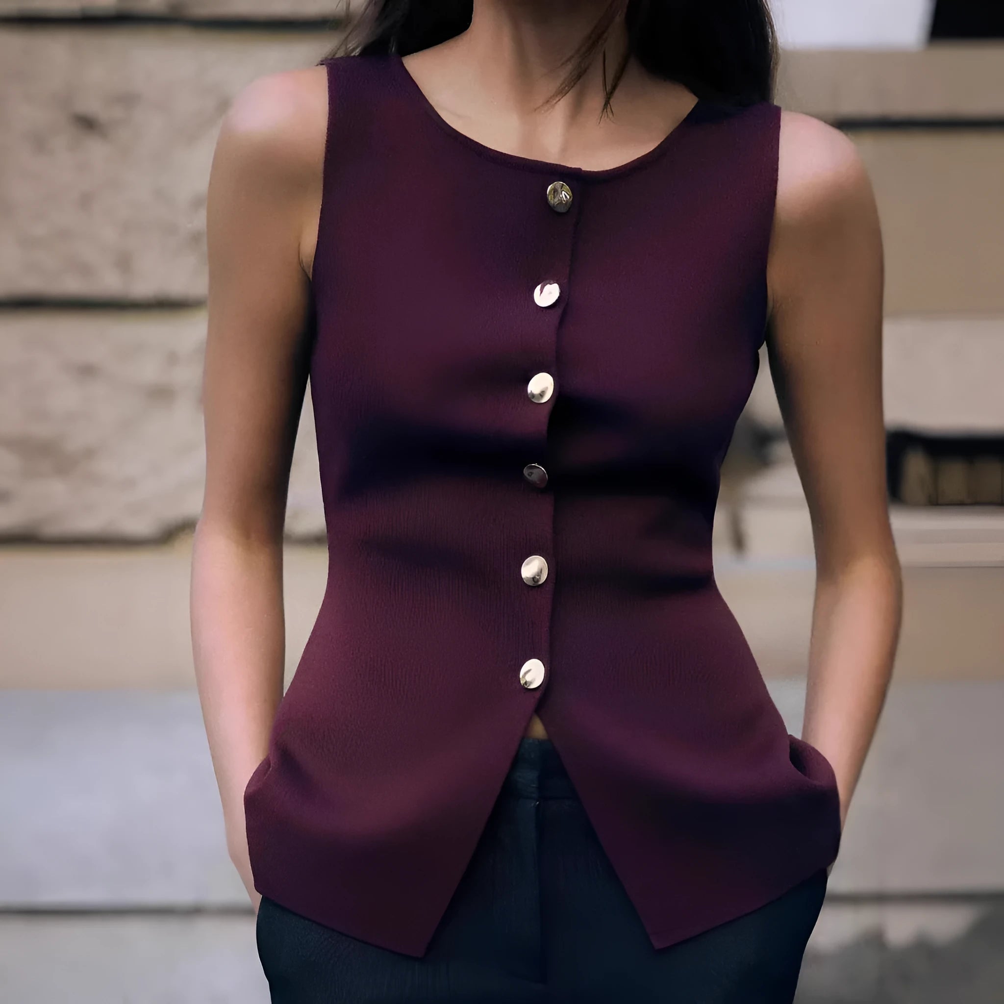 Dark red slim-fit cardigan vest with gold buttons and a 3D textured pattern, laid flat.