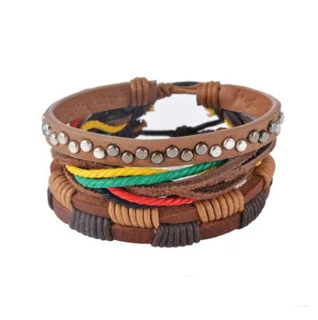 Handmade adjustable leather bracelet with wooden beads and multi-layer wrap design