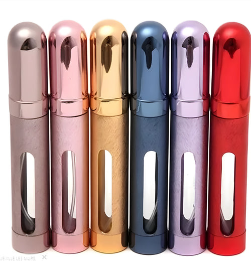 12ml aluminium portable perfume bottle in bullet shape with glass liner, shown in six colour options.