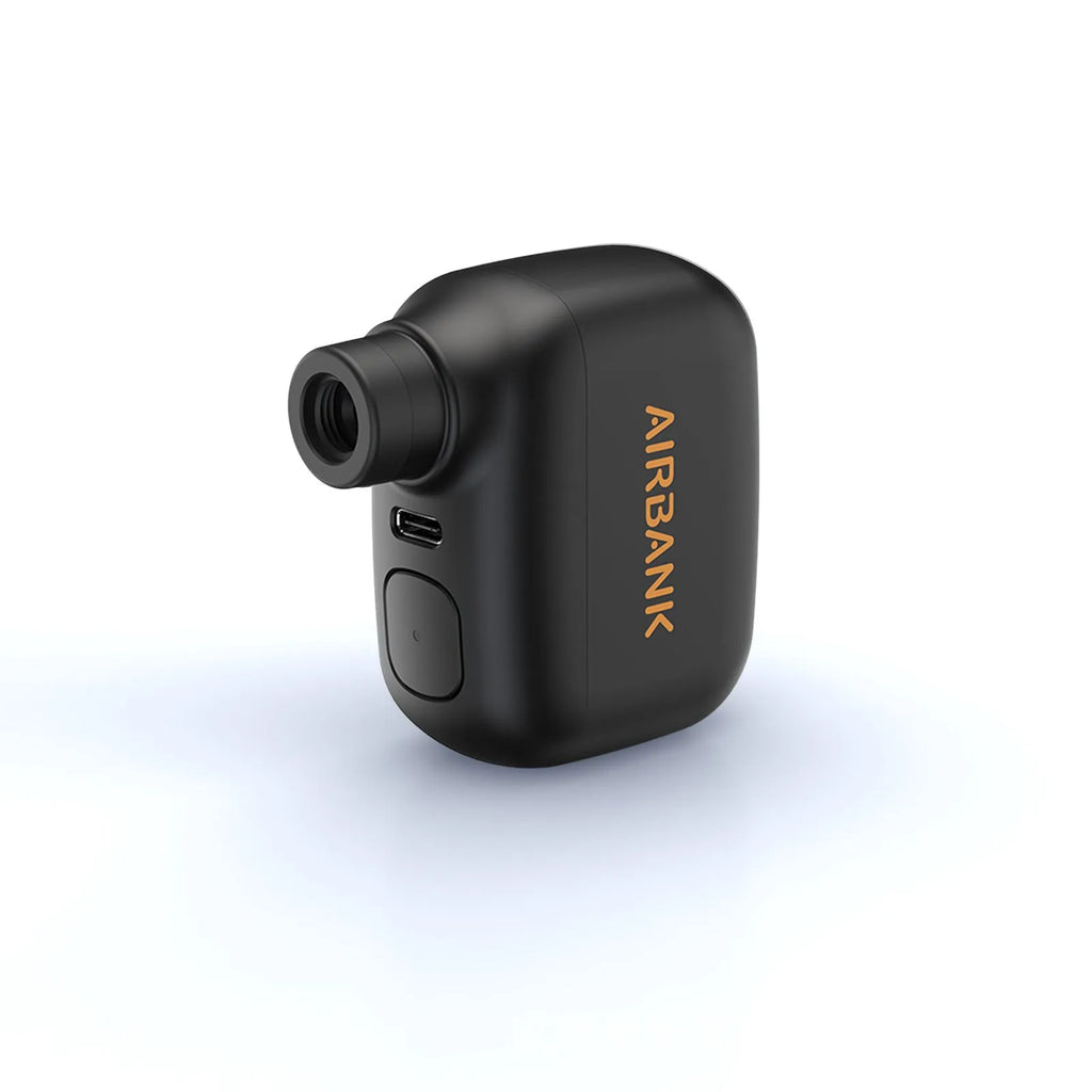 Black mini electric bicycle pump with USB cable and waterproof bag