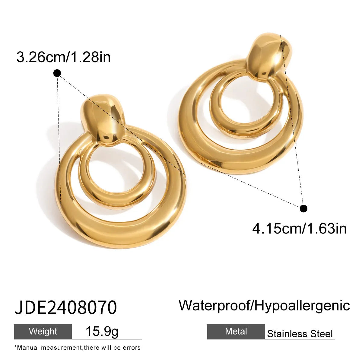 Gold-plated double layer hollow stud earrings with round geometric design