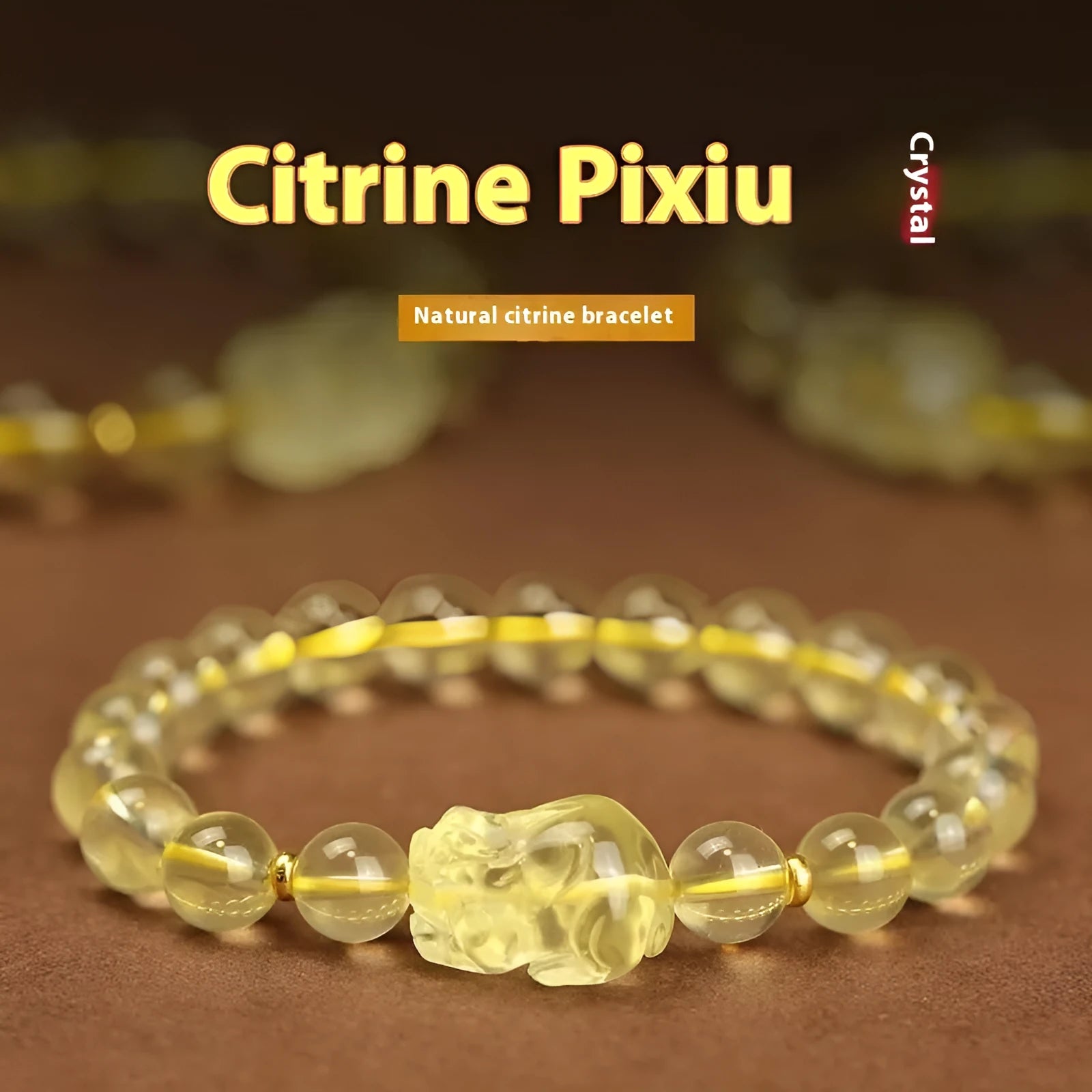 Yellow leather cord bracelet with artificial crystal Pi Xiu charm in Chinese simple style