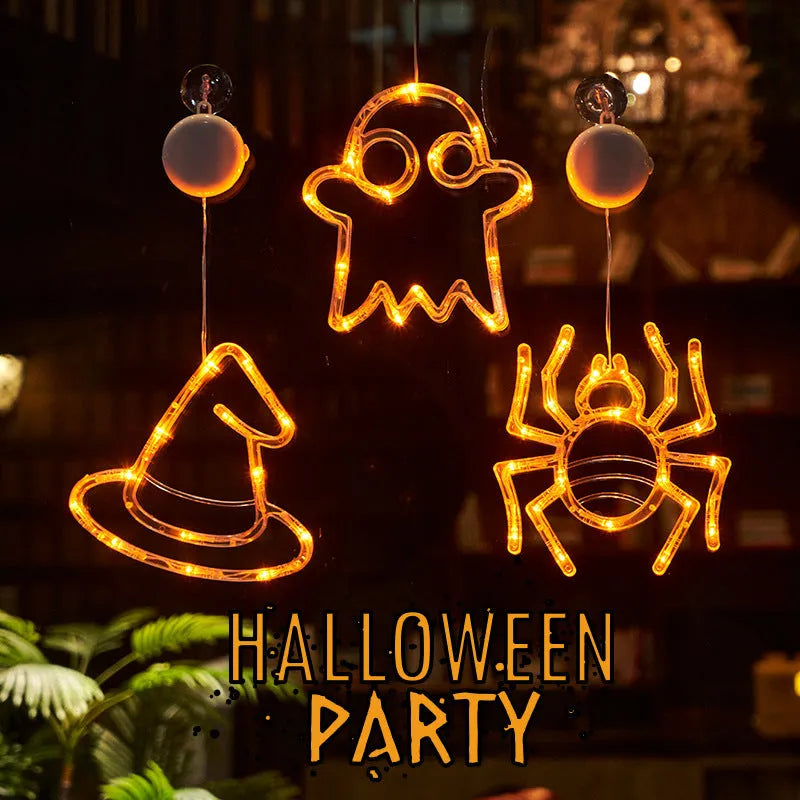 Halloween window hanging LED lights with spider, pumpkin and ghost designs on suction cups