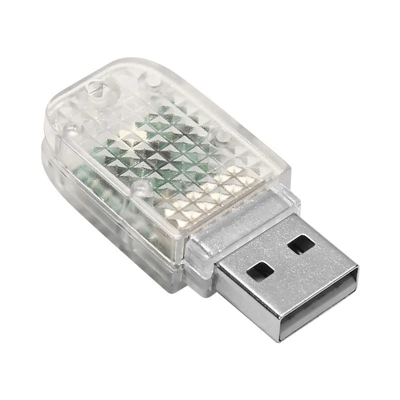 Car USB ambience light with touch switch showing RGB colour-changing and fixed blue, white, pink, and ice blue modes.