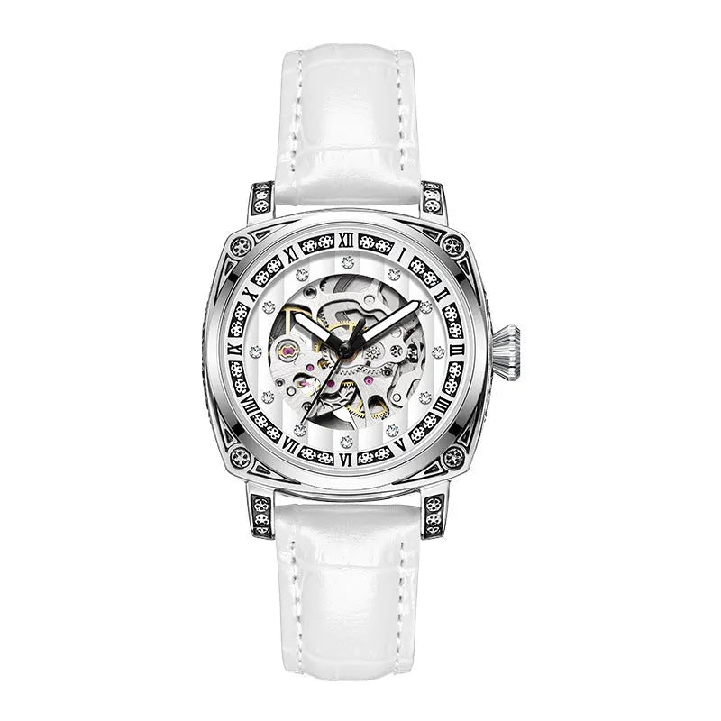 Mechanical watch with luminous numerals on a leather strap, shown in multiple colour options.