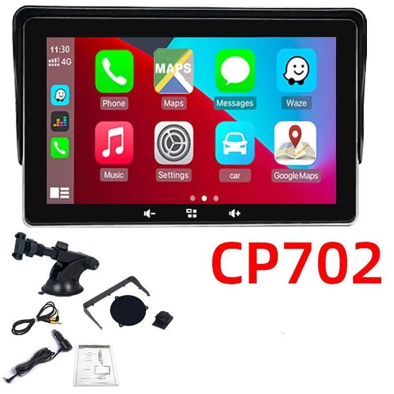 7 inch wireless CarPlay car display with suction cup mount and cigarette lighter connector