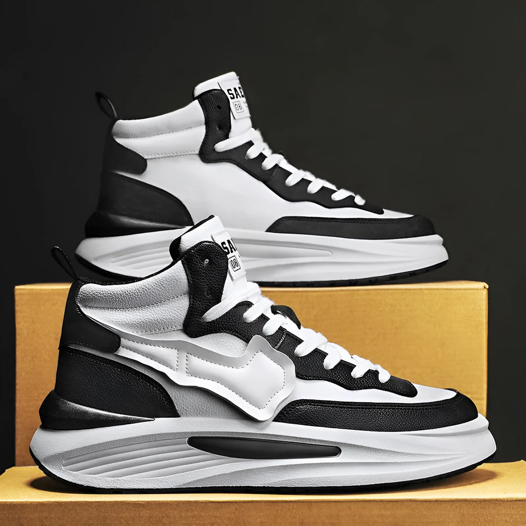 Men's black high-top platform casual shoes made of artificial PU leather with a round toe.
