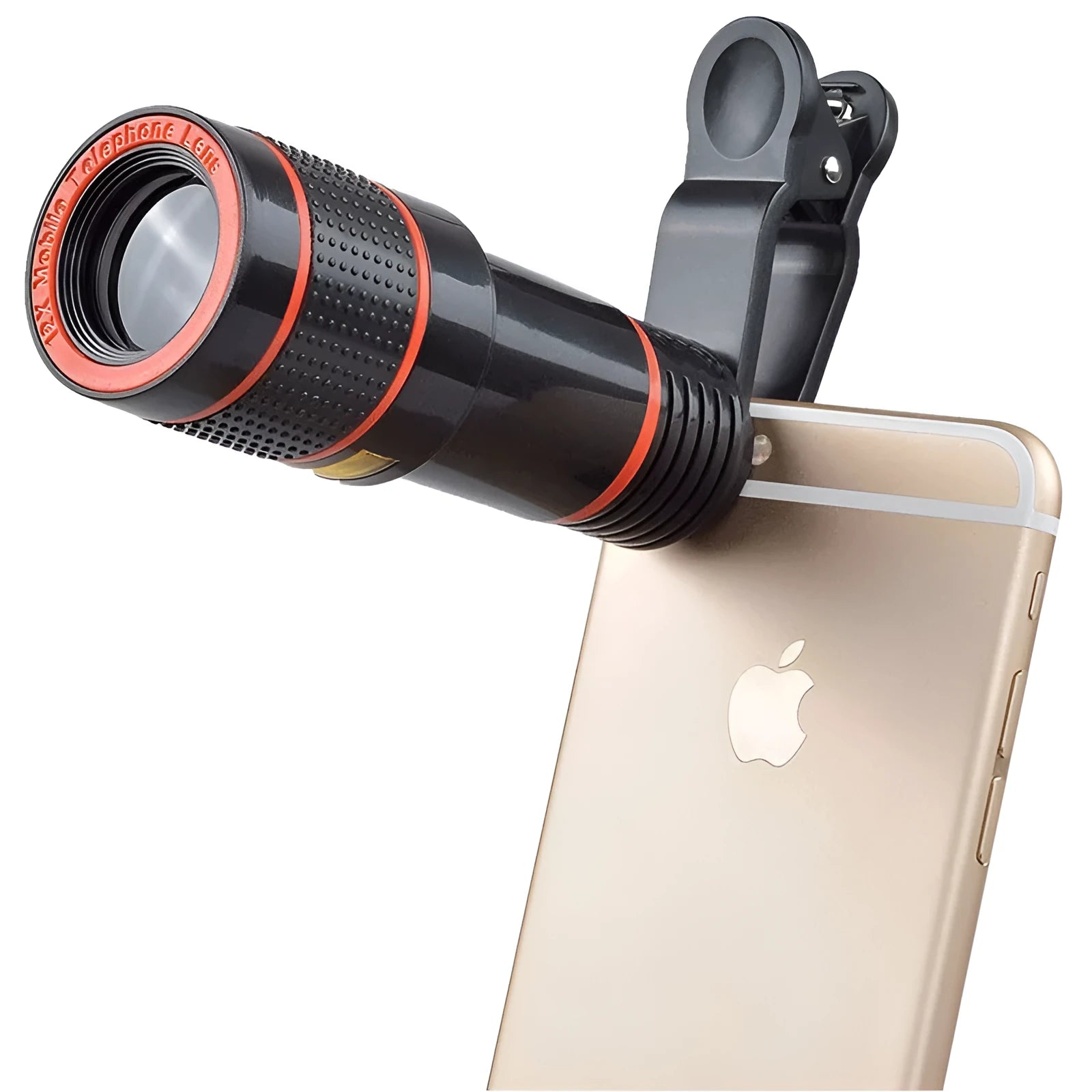 12X magnification phone telescope lens with universal mounting clip and cleaning cloth on a white background.