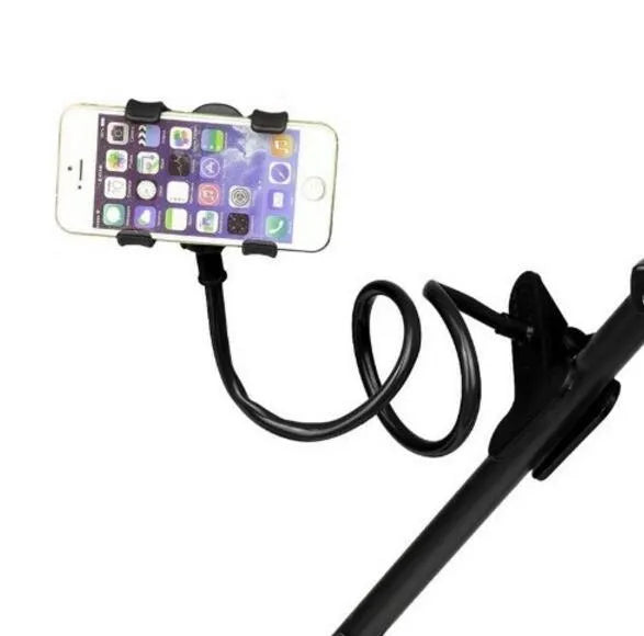Black portable phone holder with a long 70cm flexible metal arm and a V-type clip mounted on a bed headboard.