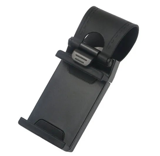Black car steering wheel phone clip mount holding smartphone for GPS navigation
