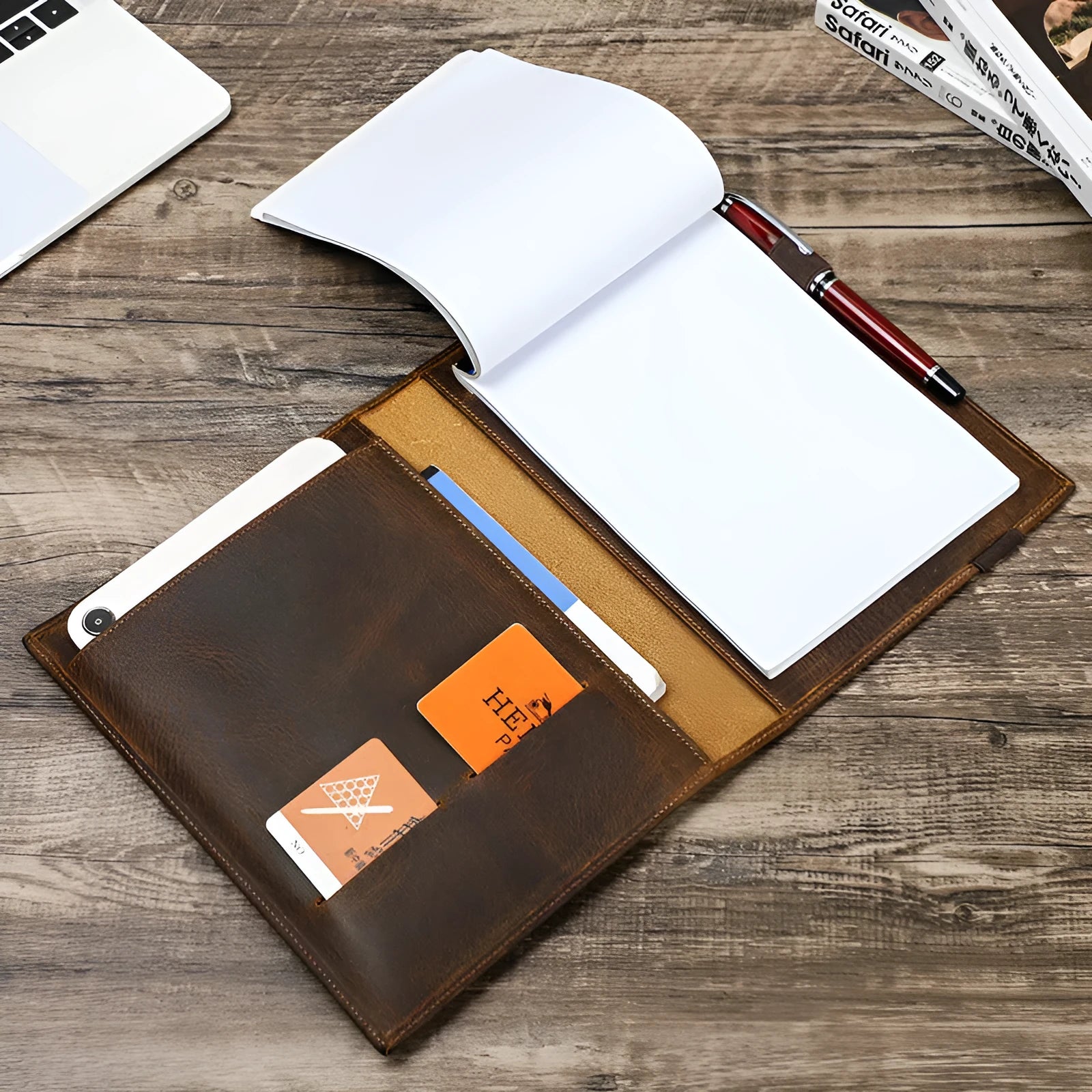 Brown Crazy Horse leather A5 notebook protective sleeve with square socket closure