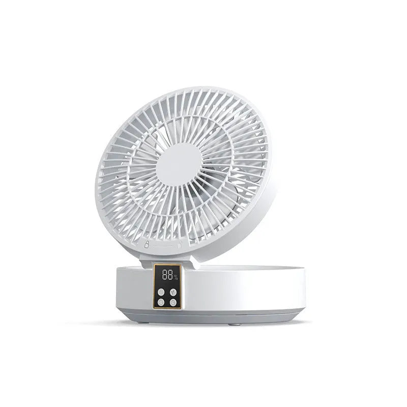 White portable rechargeable folding fan with remote control and night light on desktop