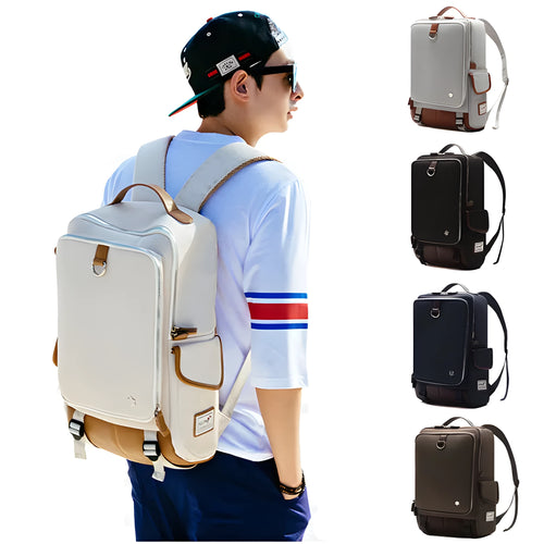 Men's modern Korean style backpack in Oxford cloth, showing large capacity and colour options.