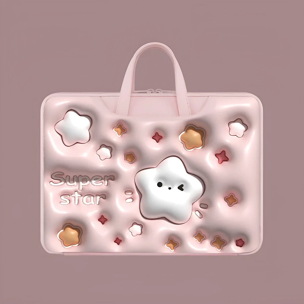 Inflatable PU leather laptop bag in a character design, shown hanging from a suitcase handle.