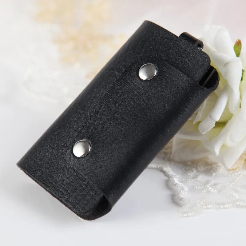 Soft PU leather colour button key case in square vertical section with key bit and cover opening in plain Korean style