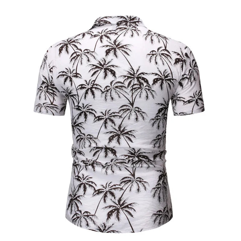 Mens casual lapel print top in polyester, white colour, long sleeves, front view