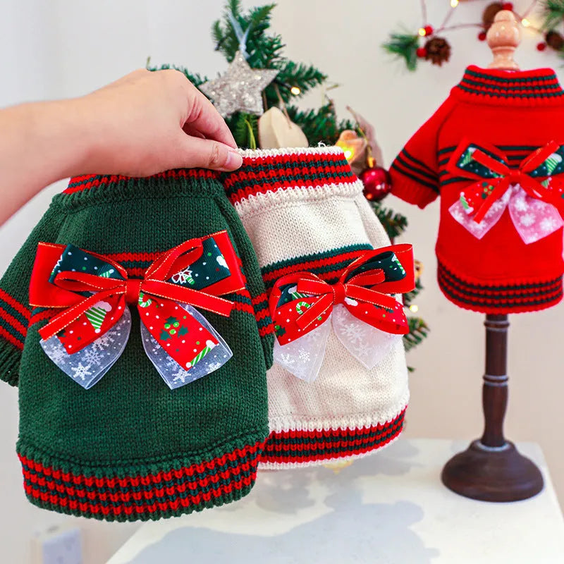 Red Christmas dog jumper on small pet with festive design and proper fitting