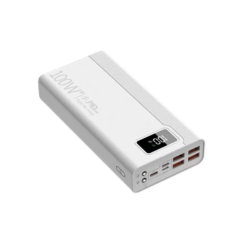Large black and white plastic power bank showing size comparison and capacity options from 20000mAh to 50000mAh.