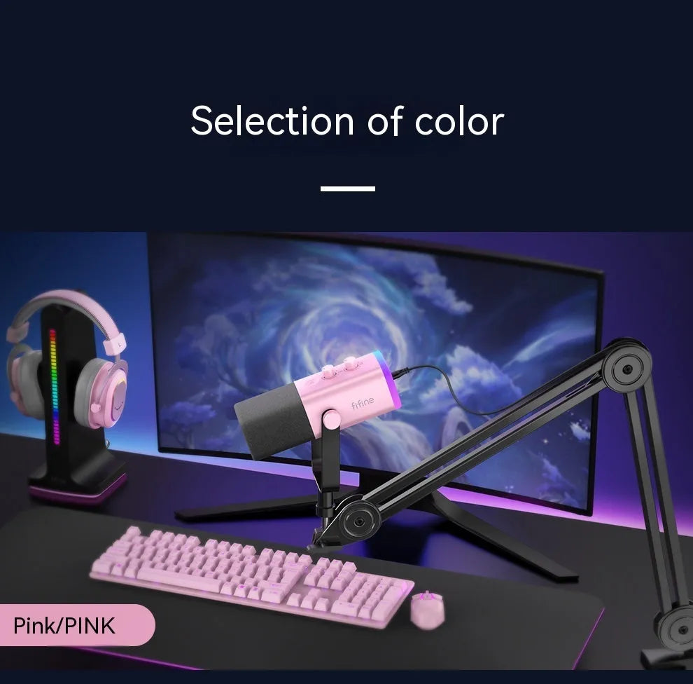 Dynamic noise reduction microphone in black, pink or white with XLR cable and desktop base