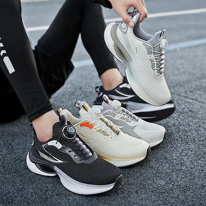 Men's rotating button buckle running shoes in Fly-knit mesh with TPU sole in beige colour