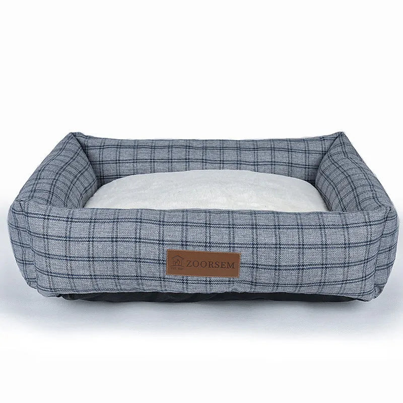 Square grey and brown plaid cloth dog bed for winter, shown in small and large sizes.