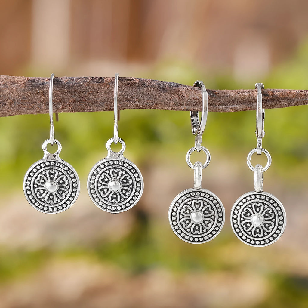 Bohemian style retro round print distressed ethnic earrings for women in zinc alloy with electroplated finish