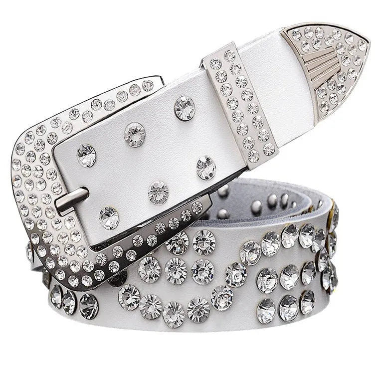 Leather ladies belt with diamond-studded cowhide pin buckle, alloy D-shape buckle, rhinestone mosaic, two-layer cowhide