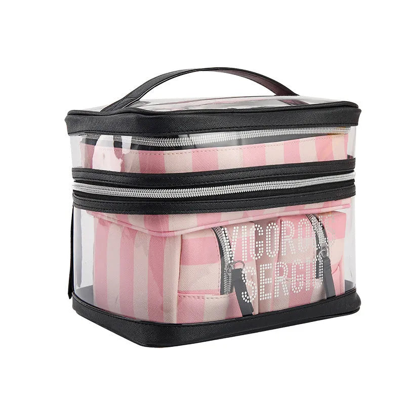 Pink bold stripes floral pattern synthetic leather makeup bag with waterproof function