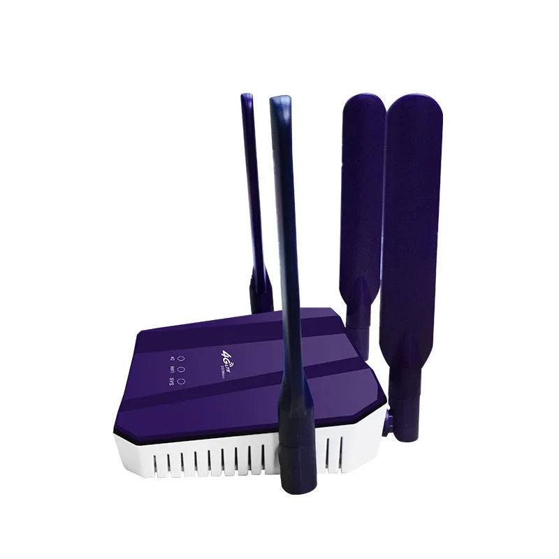 Blue dual mode 4G and wired router with four extended antennas showing front panel indicators