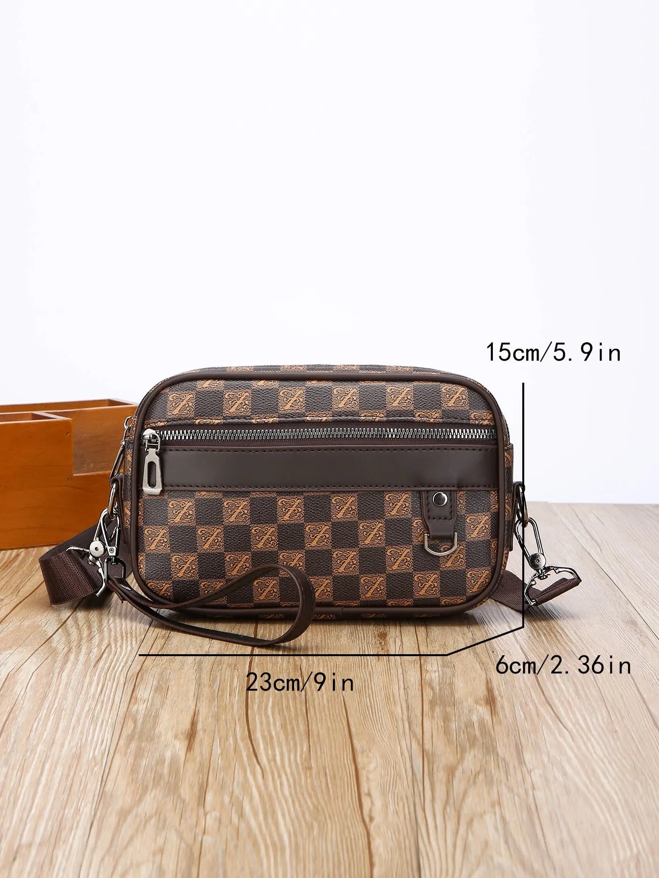 Men's geometric pattern PU leather shoulder messenger bag in horizontal design with handheld option
