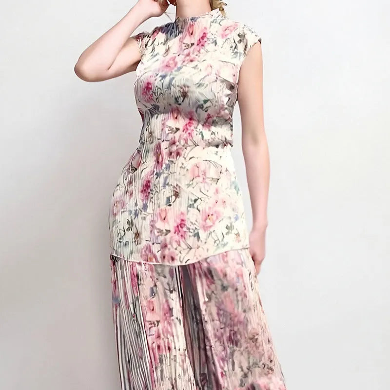 Printed chiffon dress set with matching top showing high waist design and long sleeves