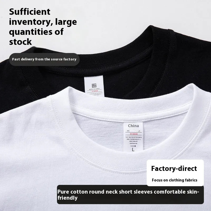 Men's solid colour pure cotton loose round neck T-shirt in Black, front view