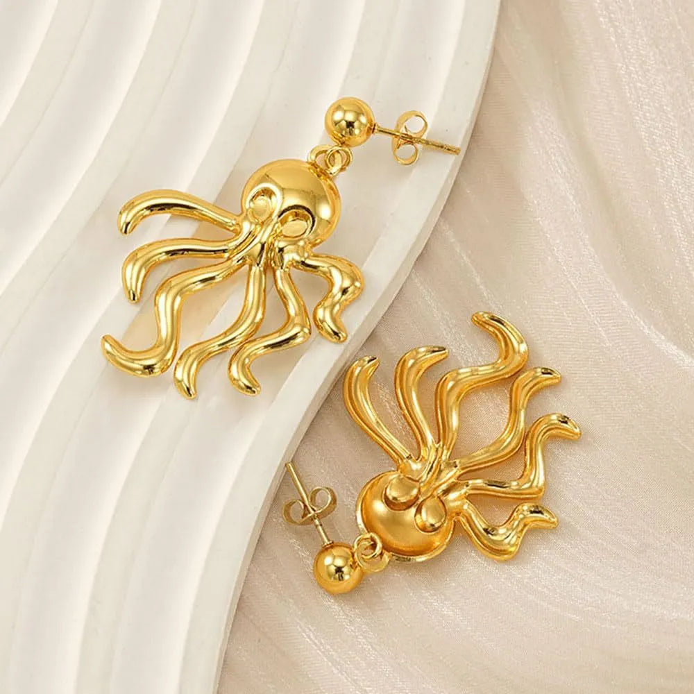 Gold stainless steel drop dangle octopus earrings with minimalist retro design