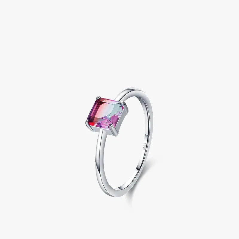 S925 sterling silver slim ring with quadrilateral watermelon tourmaline gemstone