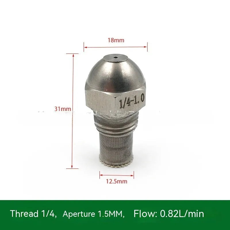 304 stainless steel two-point spray nozzle with 1/4 inch thread and selectable aperture sizes for atomisation.