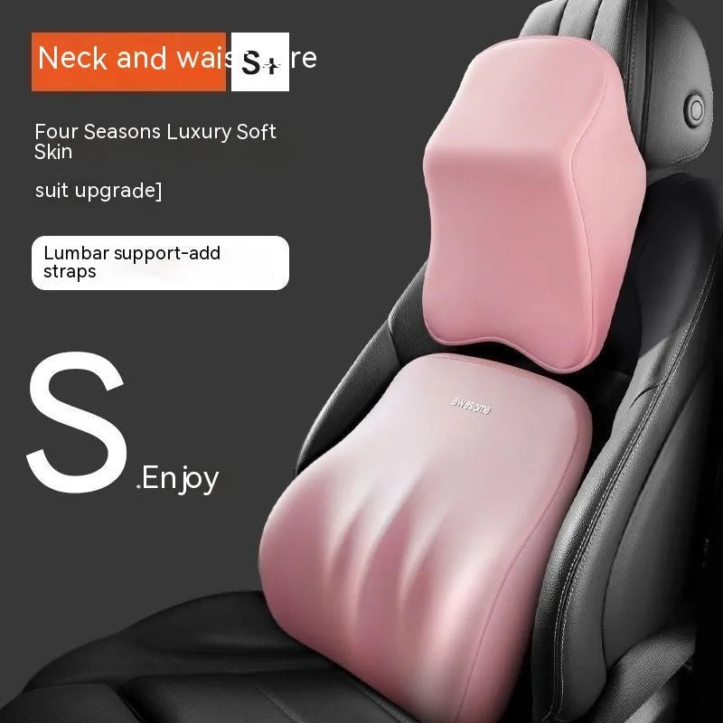 Memory foam car neck pillow and lumbar support cushion set in grey.
