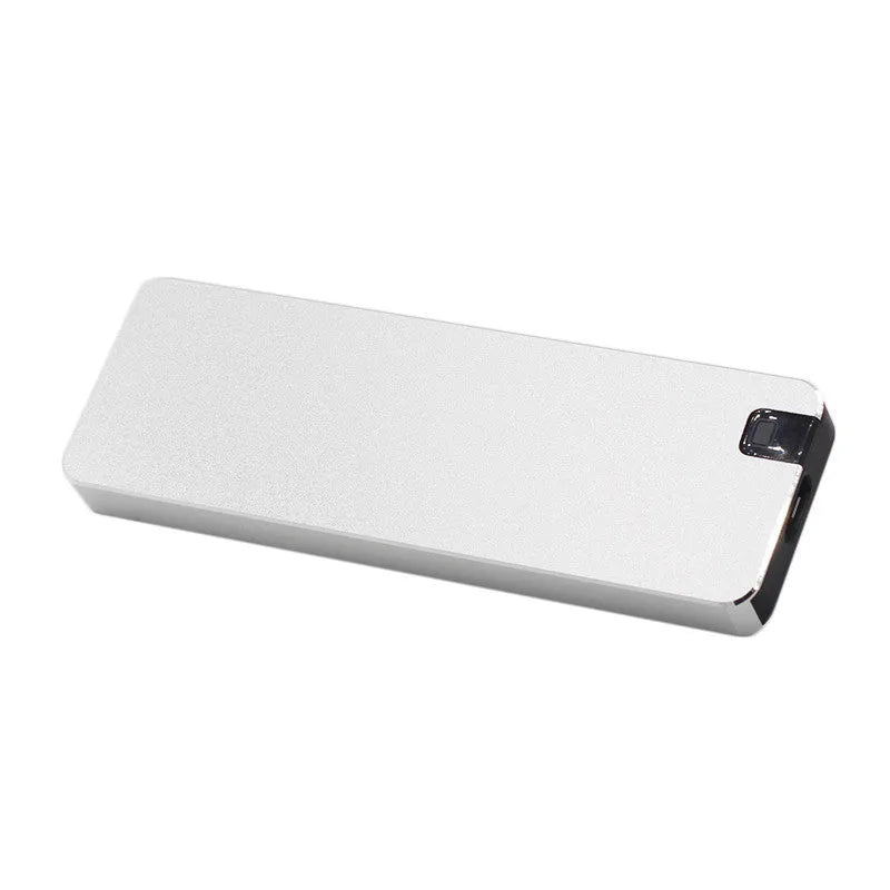 White portable SSD hard drive with metal casing measuring 0.6cm × 3.2cm × 1cm with USB 3.1 cable