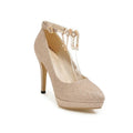 Women's blue platform stiletto heels with a pointed toe and special fabric upper.