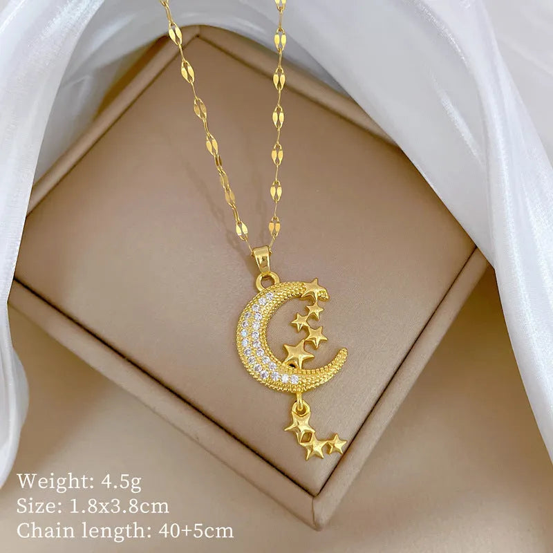 Moon diamond necklace with copper geometric pendant on stainless steel tassel chain