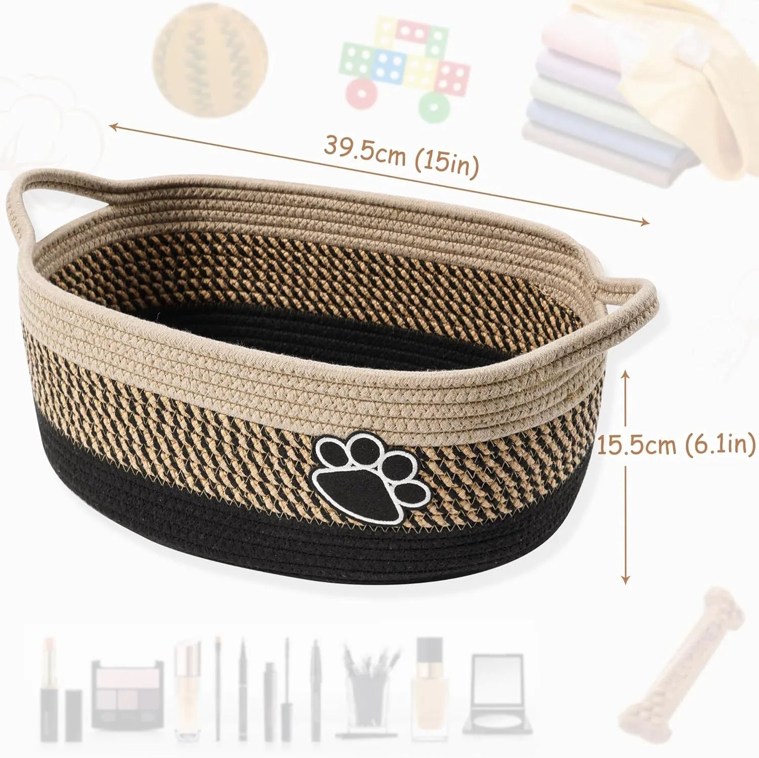 Light beige handmade woven cotton rope storage basket with handle on a wooden floor.