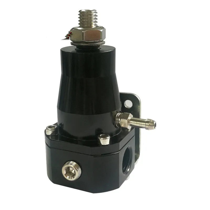Black CNC aluminium fuel pressure regulator with adjustment dial and oil strap for car fuel systems