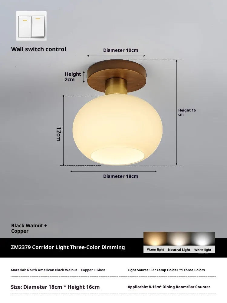 Chinese style simple light luxury walnut and brass ceiling lamp for corridor or balcony with three light colours