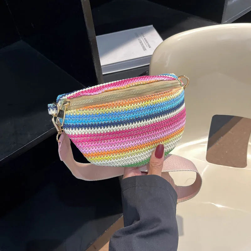 Blue straw woven shell-shaped beach bag with single shoulder strap and bohemian design