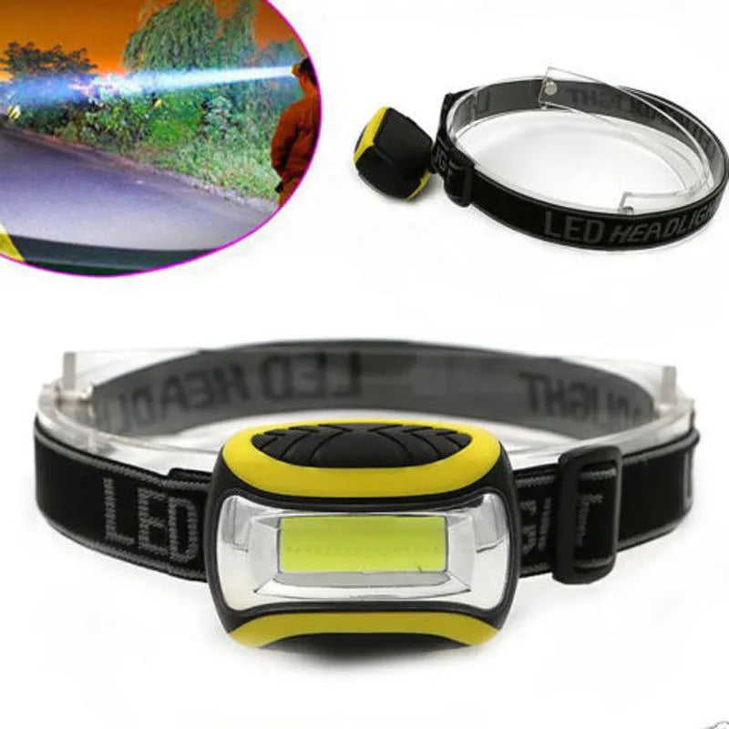 Yellow plastic three-speed COB LED headlamp for outdoor activities and work.