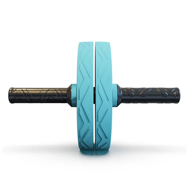Blue double wheel abdominal roller for core strength training, size 28x18x18 cm
