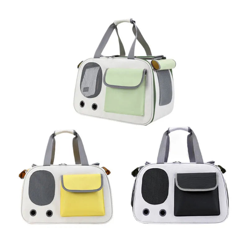 Foldable single shoulder canvas pet backpack shown in yellow, suitable for carrying cats or small dogs.