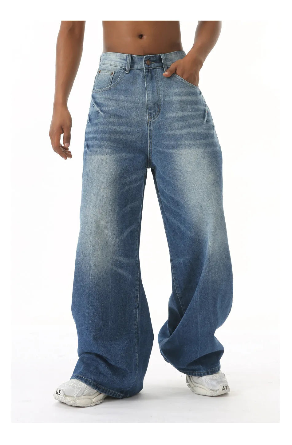 Men's retro washed light blue straight wide leg jeans with zipper fly, front view