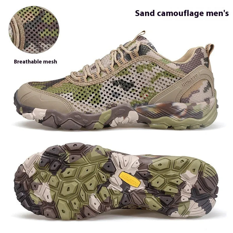 Breathable lightweight non-slip outdoor climbing boots with leather mesh upper and MD sole in sand colour for men